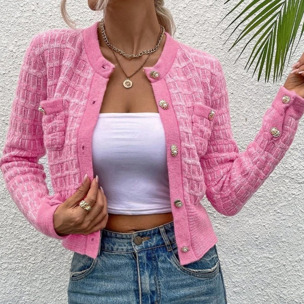 Pink Casual Womens Pocket Patched Button Front Cardigan - Picture 6 of 6